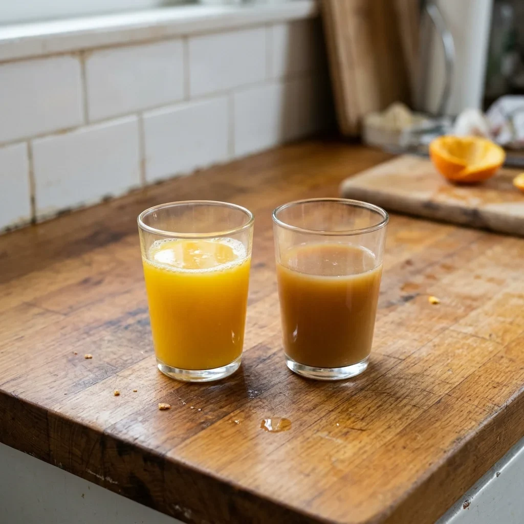 Two glasses of orange juice compared, one bright orange and one a duller brownish orange