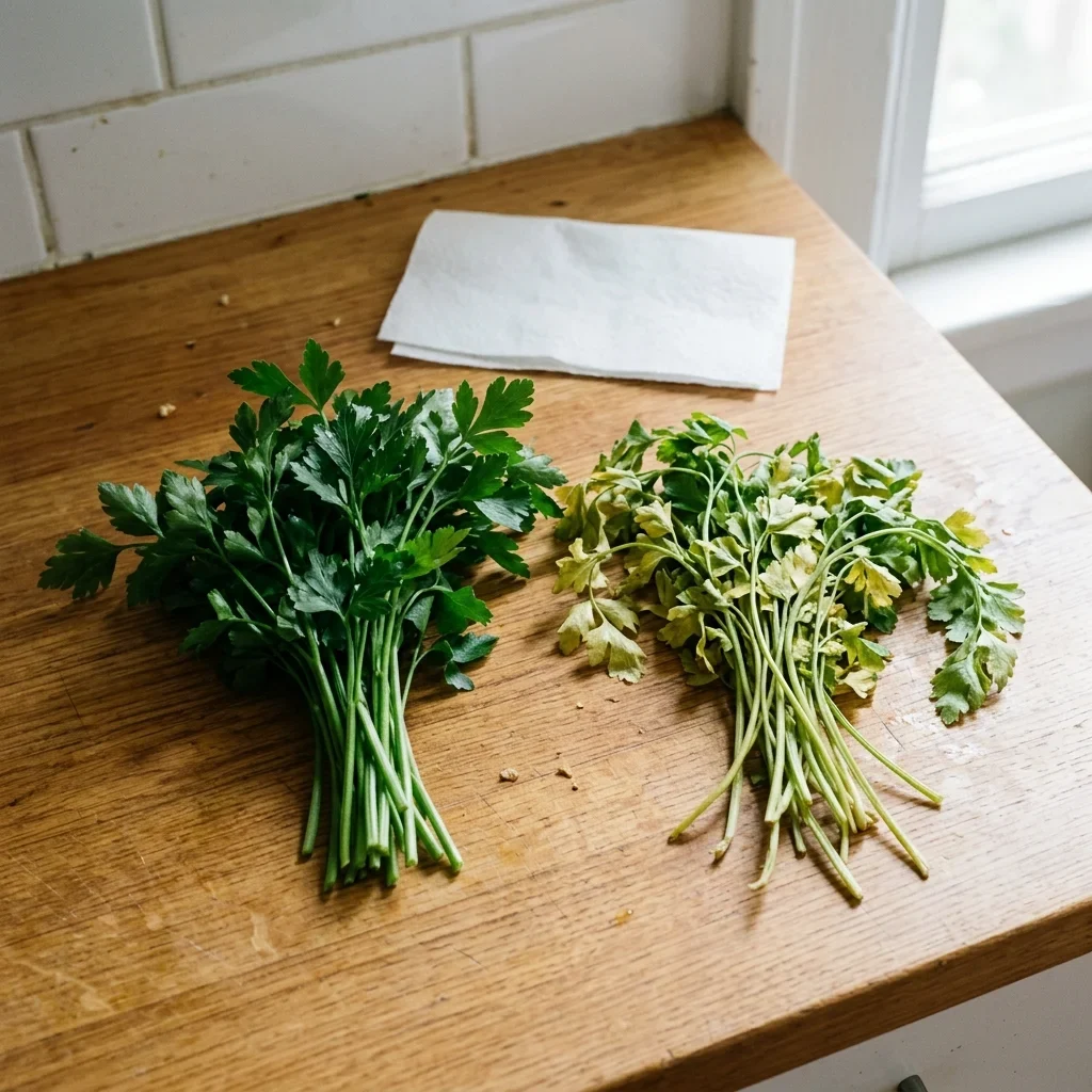 Two bunches of parsley side by side, one deep green with upright stems, one limp and yellowing.