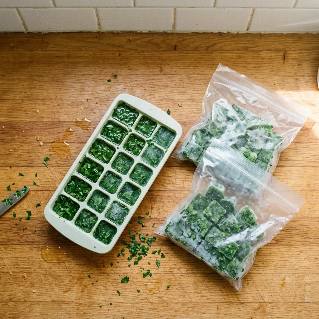 Chopped parsley frozen into green cubes in an ice cube tray beside two plain freezer bags.