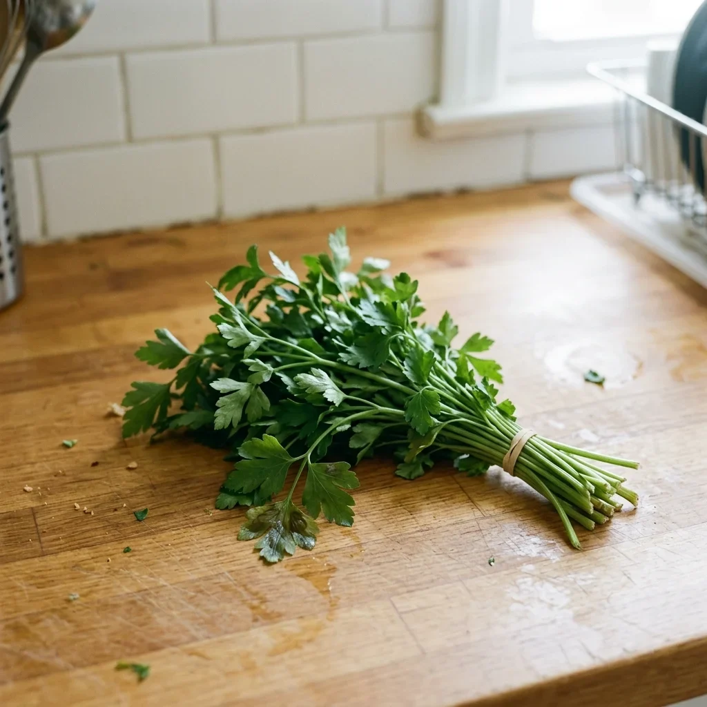 A few parsley leaves at the bottom of a bunch gone dark and wet while the rest stays green.