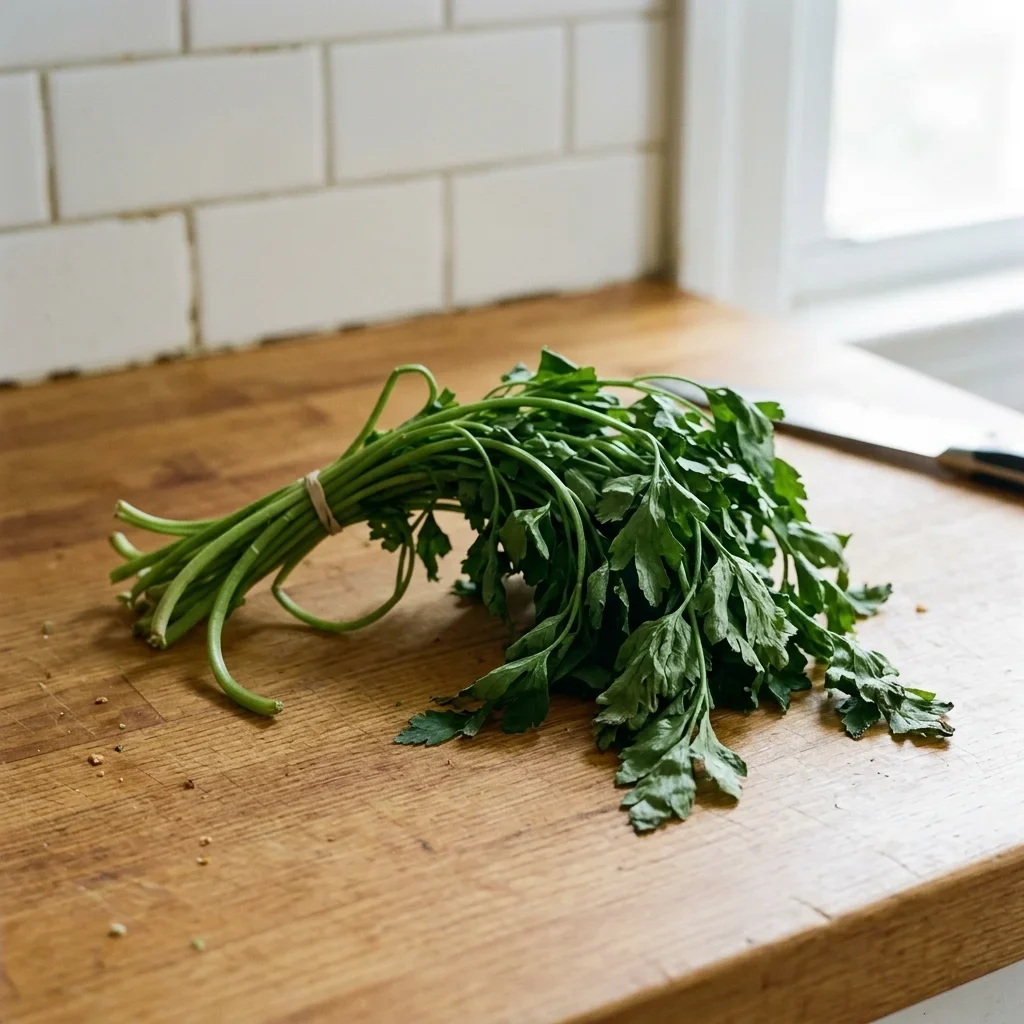 A bunch of parsley gone soft, the stems drooping over the edge of a plate.