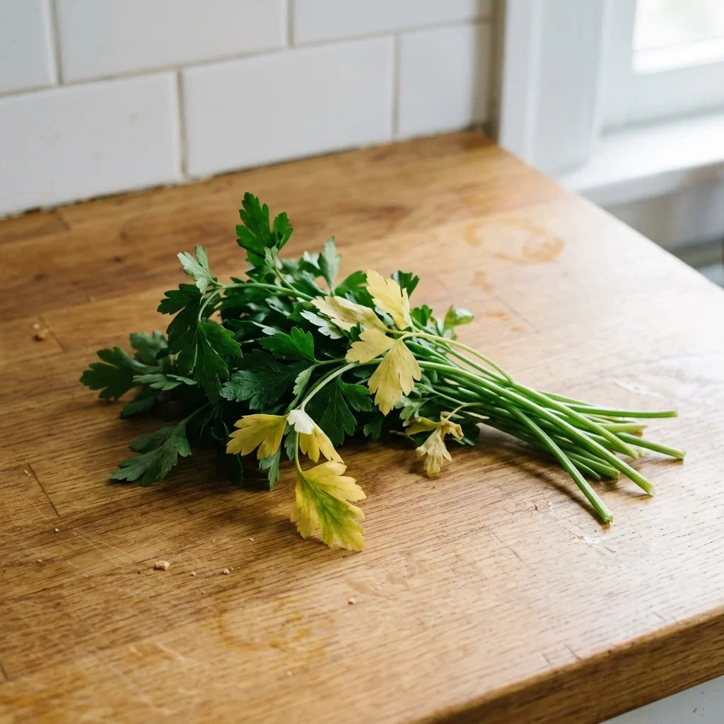 A bunch of parsley with several pale yellow leaves among the deep green ones.