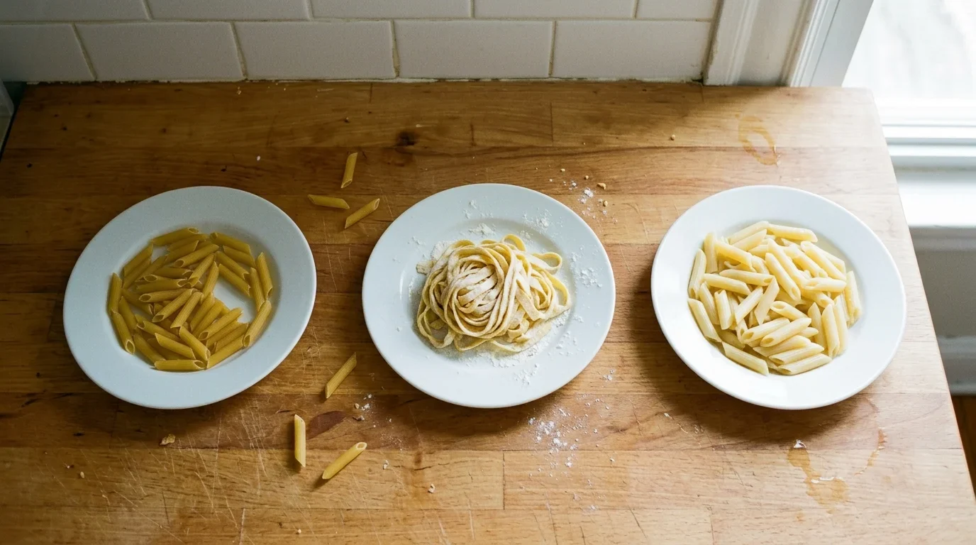 Dry penne, a nest of fresh pasta and a bowl of cooked pasta side by side on a counter