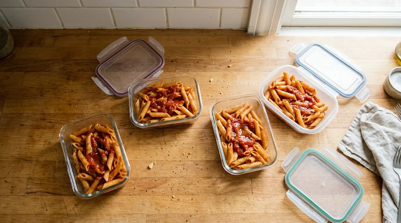 Cooked pasta divided into four shallow containers ready for the freezer