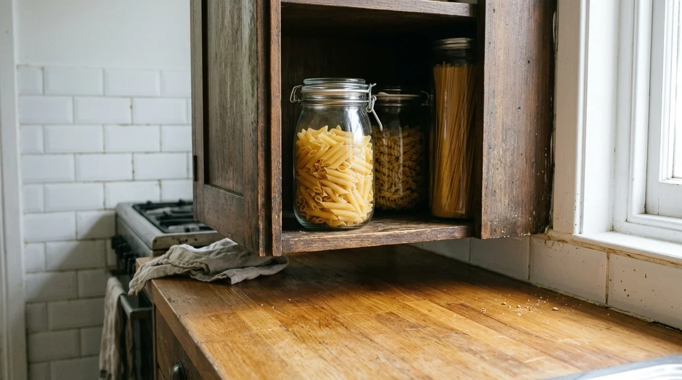 How to store pasta: dry penne in a sealed glass jar on a cool, dry cupboard shelf