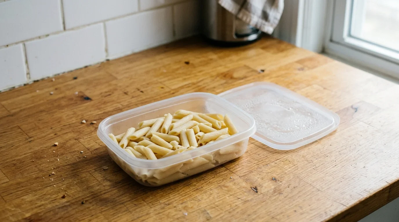 Cooked penne in a shallow lidded container, cold from the fridge
