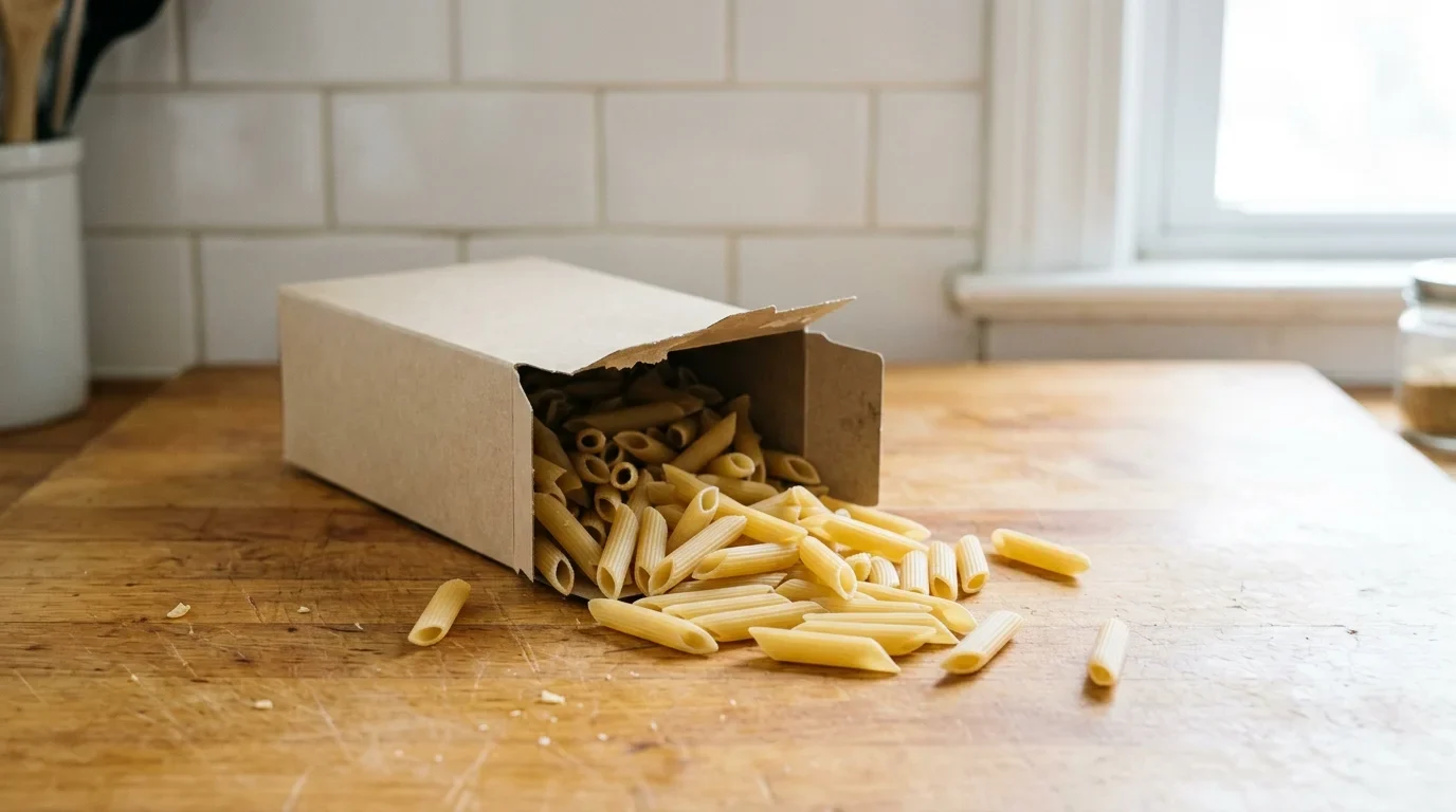 Hard, pale gold dry penne loose in an open box on a kitchen counter