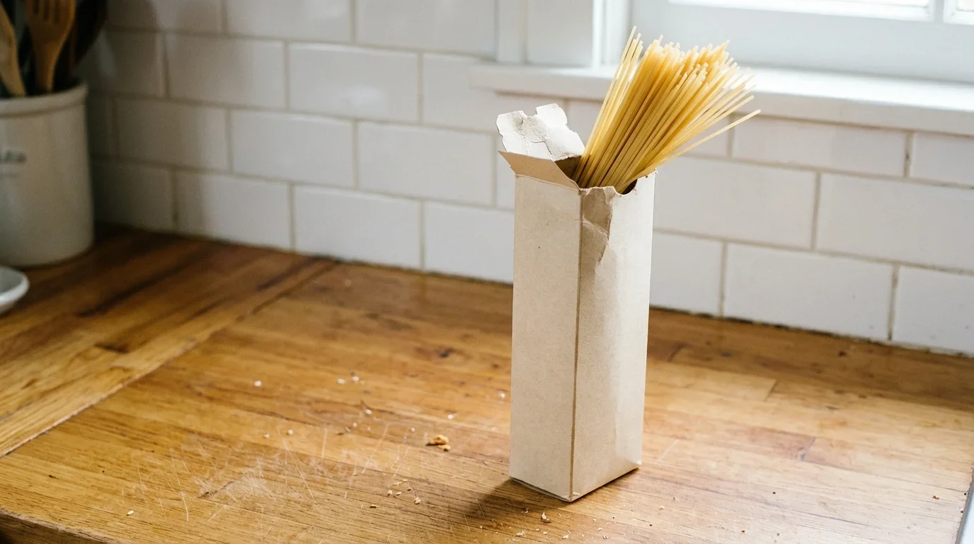 An opened box of dry spaghetti with a faded printed date panel turned away from the camera