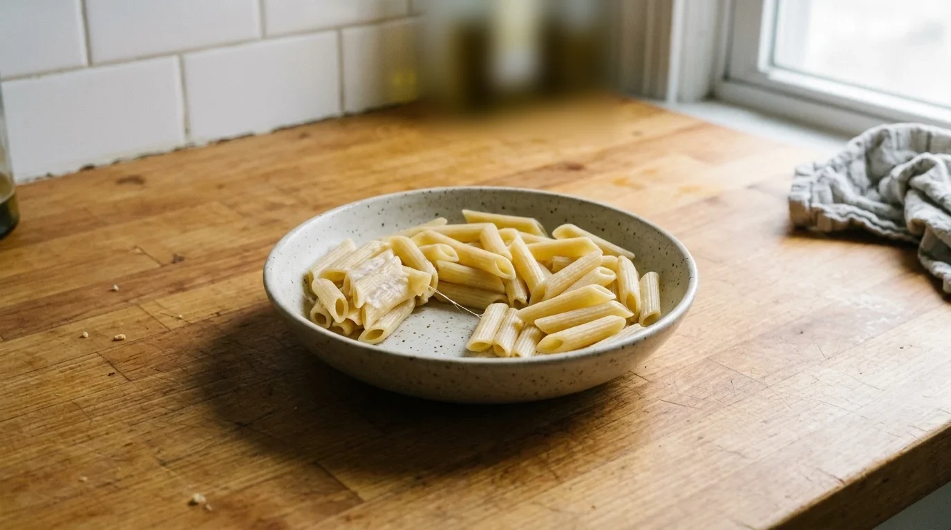 Cooked pasta in a bowl with a dull, slick film across the surface