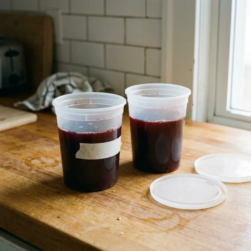 Pomegranate juice in two freezer containers with headspace left at the top