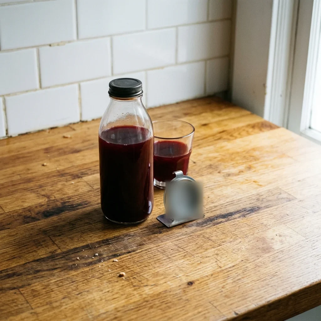 How to store pomegranate juice: a capped bottle and a glass of juice beside a fridge thermometer
