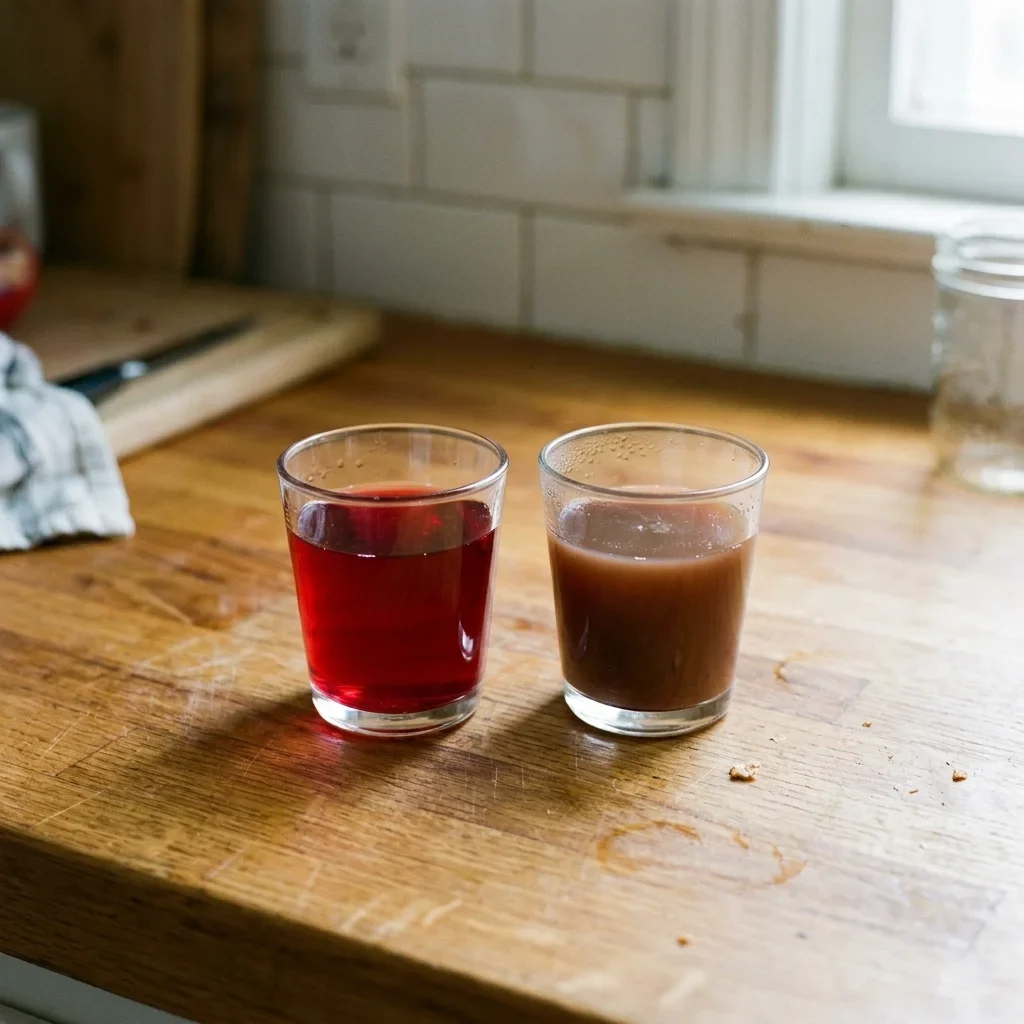 Two glasses of pomegranate juice compared, one deep red and one dull brownish red
