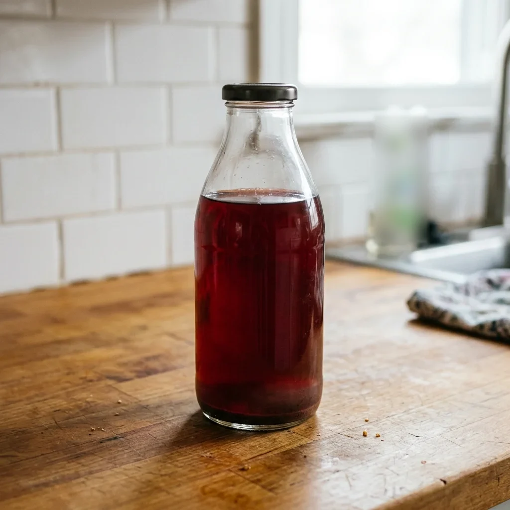 A bottle of pomegranate juice with darker sediment settled at the bottom