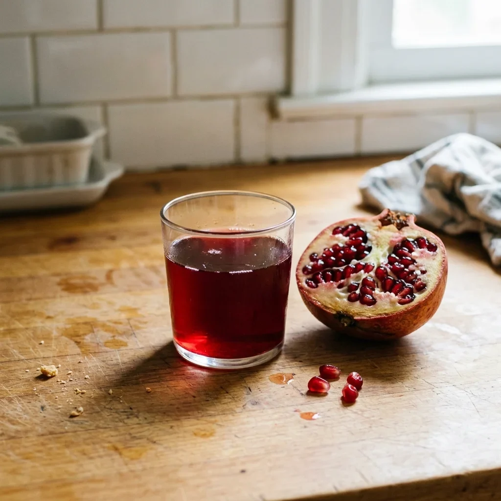 A glass of clear, deep red pomegranate juice beside a halved pomegranate