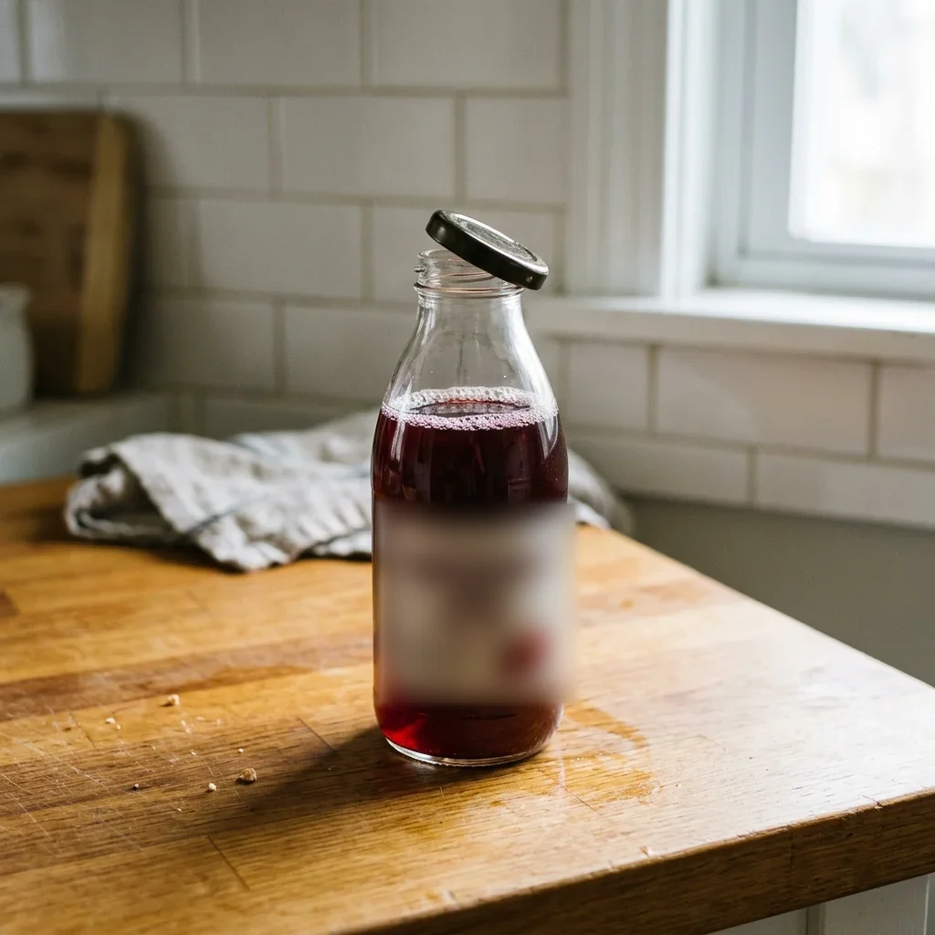 A ring of fine bubbles at the surface of a bottle of fermenting pomegranate juice