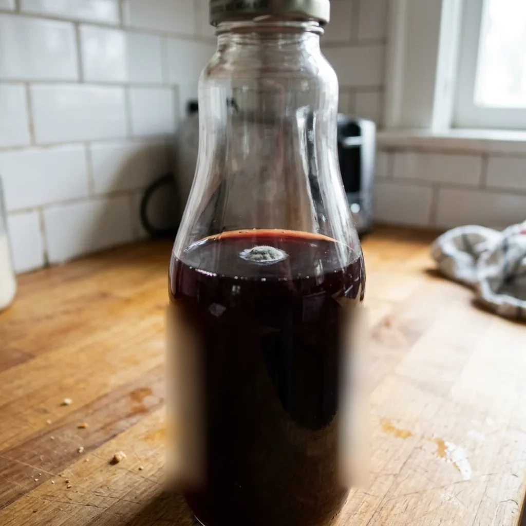 A small grey patch of mold floating on pomegranate juice inside a bottle