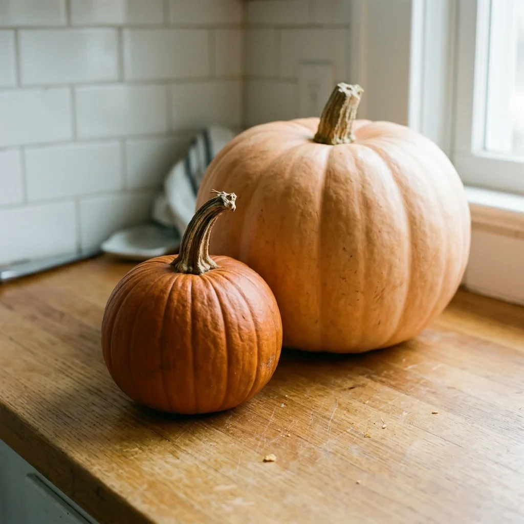 A small dense sugar pumpkin in front of a large pale carving pumpkin on a kitchen counter