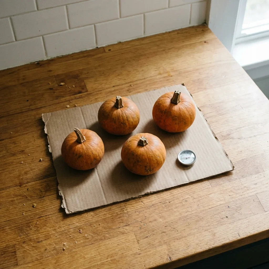 How to store pumpkin: four small pumpkins spaced apart in a single layer on cardboard with a thermometer
