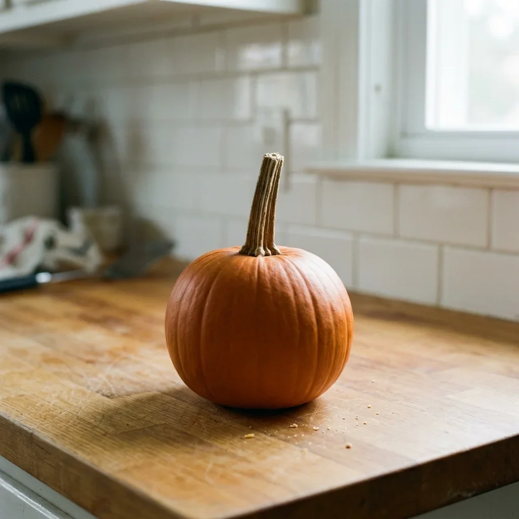A deep orange sugar pumpkin with a hard rind and a firm dry stem standing up from the top
