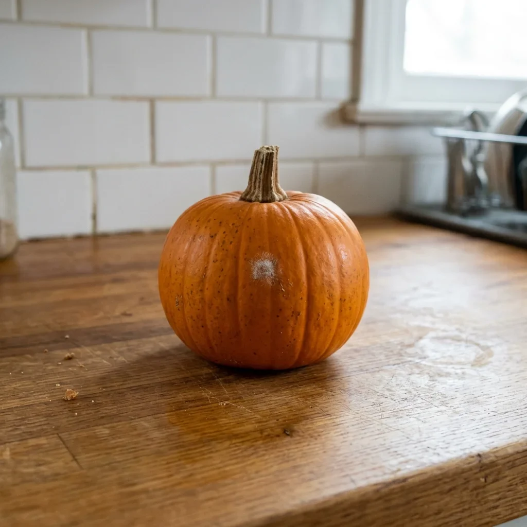 A small patch of white fuzzy mold on the hard orange rind of a pumpkin