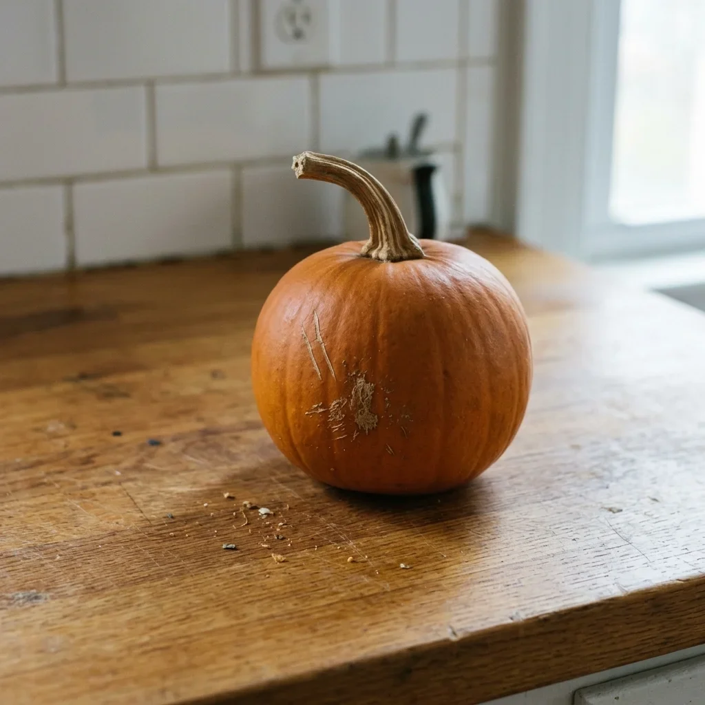Two shallow pale scratches and a scuff across the hard rind of a sugar pumpkin