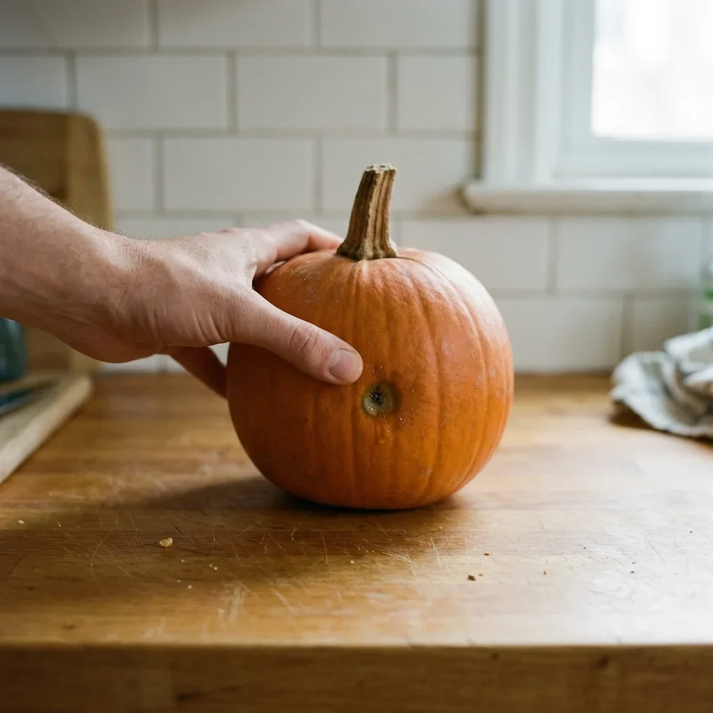 A sunken, darkened soft patch on the side of a pumpkin with a thumb pressing beside it
