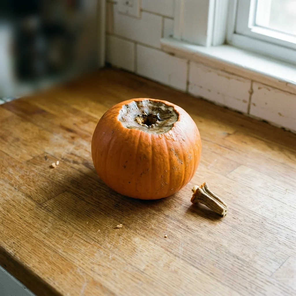 The top of a pumpkin where the stem has broken away and the rind around the scar has collapsed