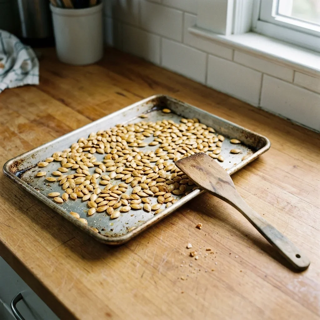 Roasted pumpkin seeds spread out on a baking tray to cool before storing