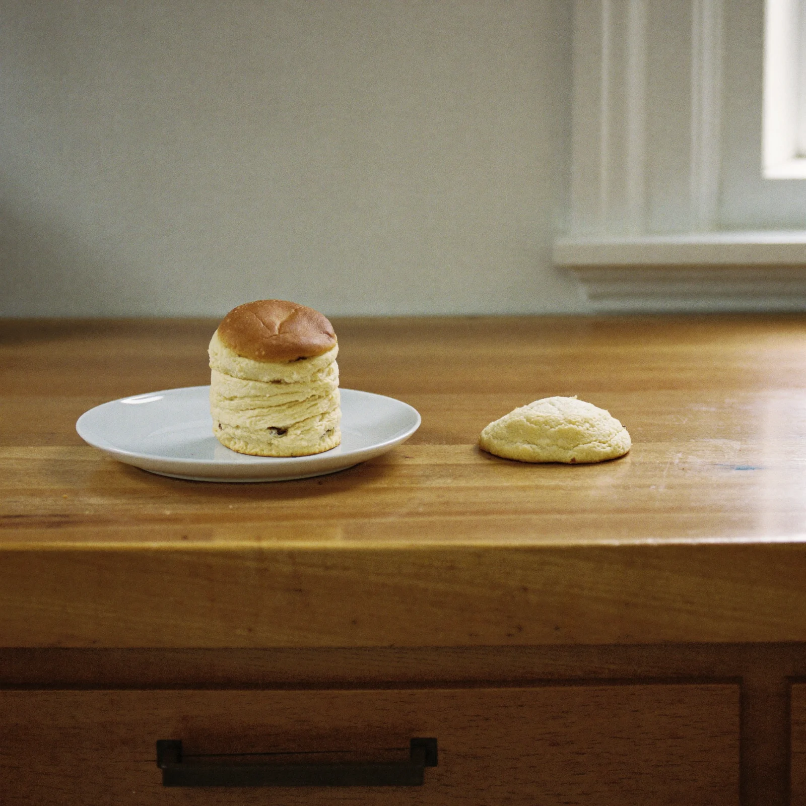 A tall, well-risen biscuit beside a flat, dense one made with self-rising flour that has lost its lift