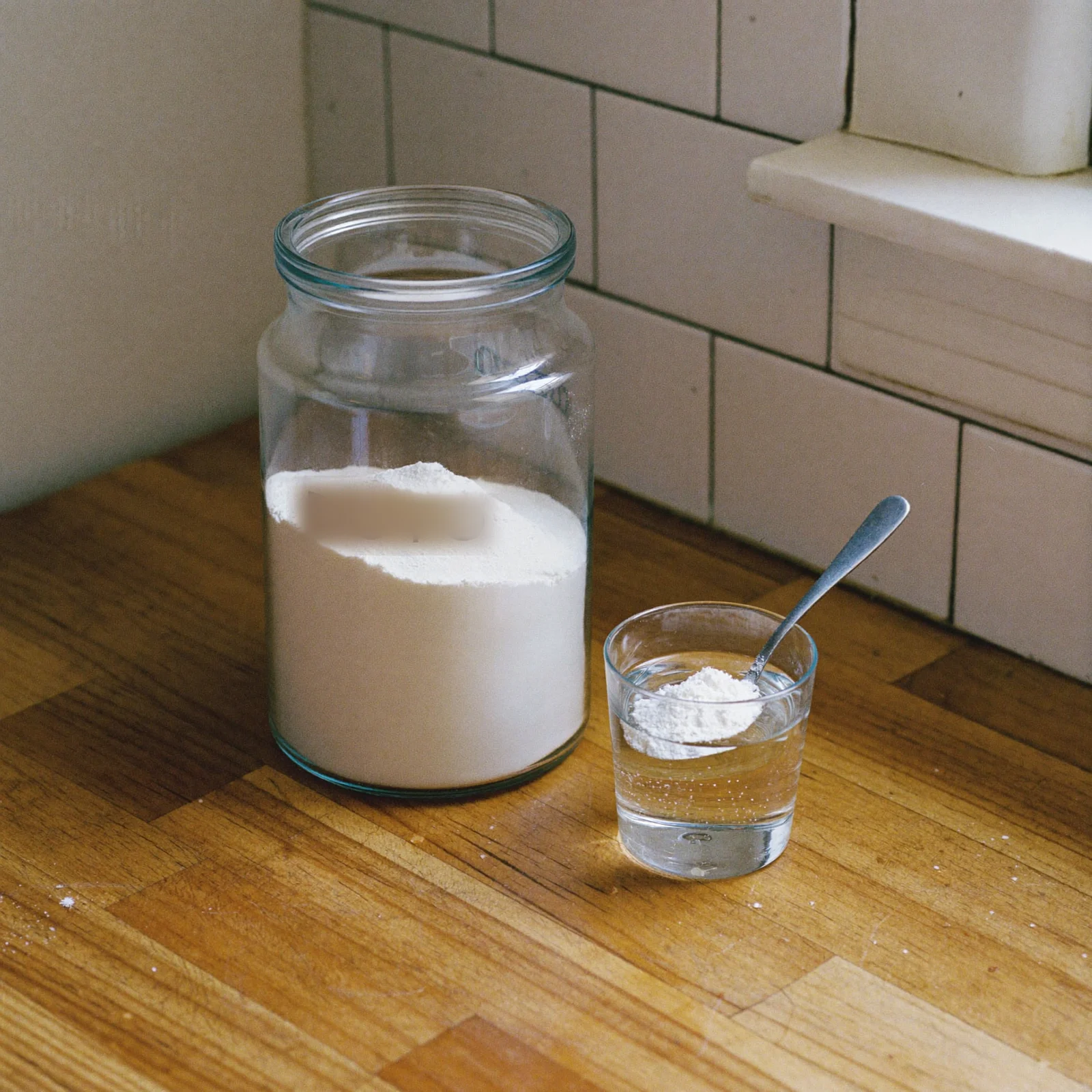 Self-rising flour past its date beside a glass of hot water for testing the leavening