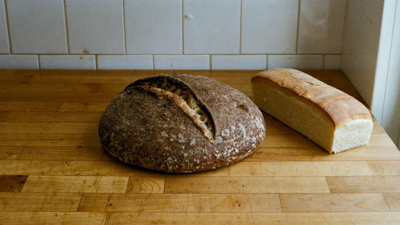 A crusty sourdough boule beside a soft sourdough sandwich loaf on a kitchen counter