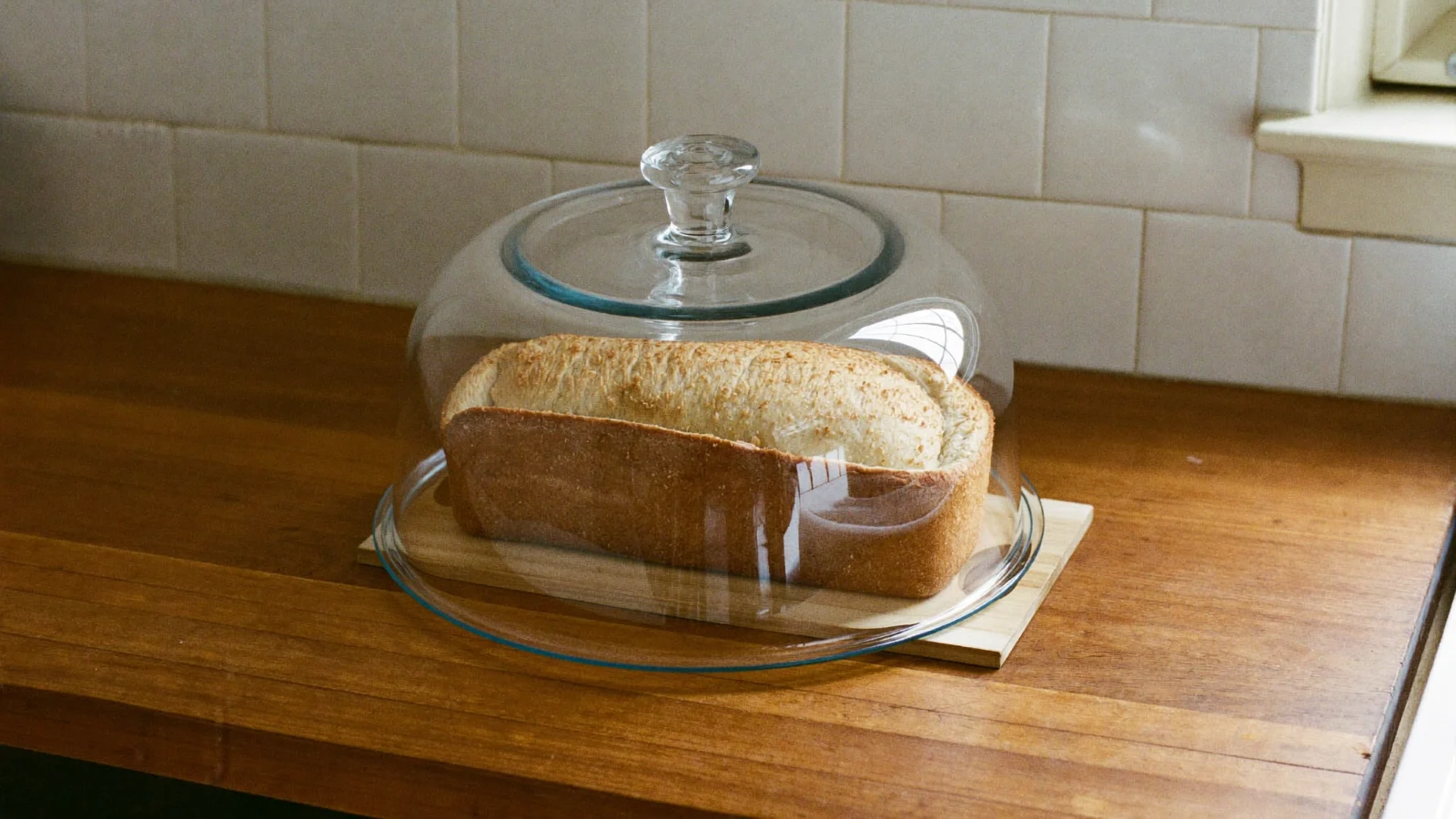 Store sourdough bread on the counter under a glass cake cover for its first day