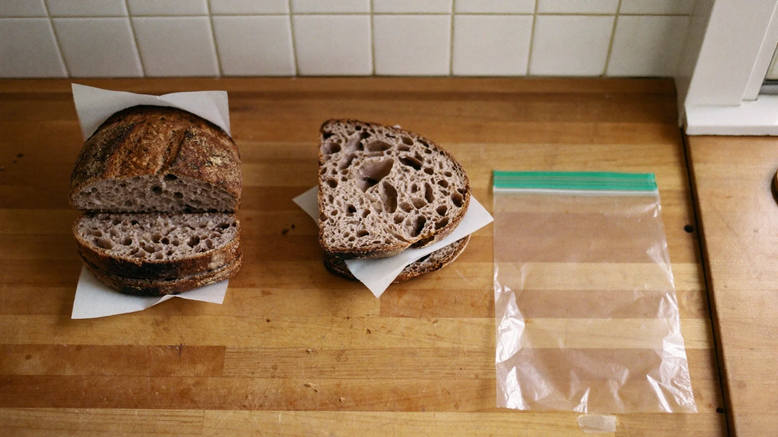 Sourdough bread slices separated by parchment going into a freezer bag