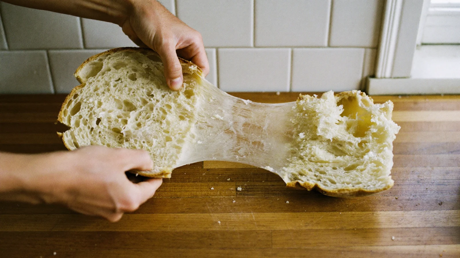 Sourdough crumb pulling apart into sticky threads from rope spoilage