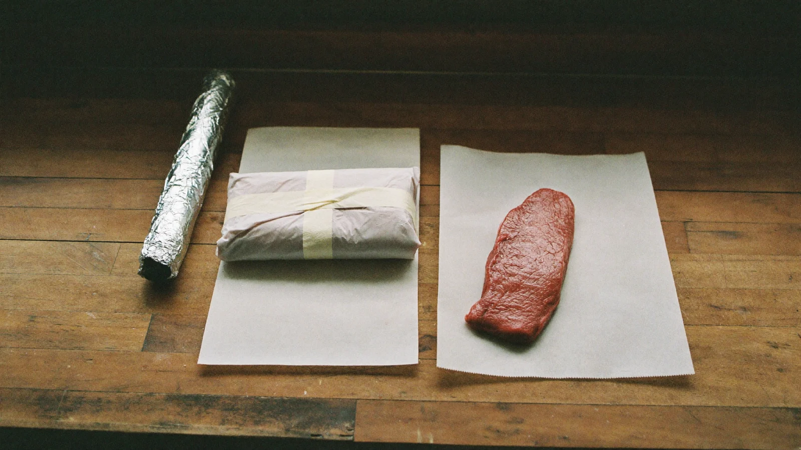 A steak wrapped in freezer paper next to a raw steak and a roll of foil