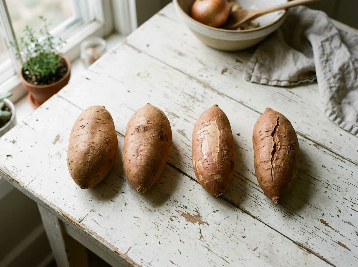 Four sweet potatoes in a row, two with smooth skin and two with a graze and a crack.