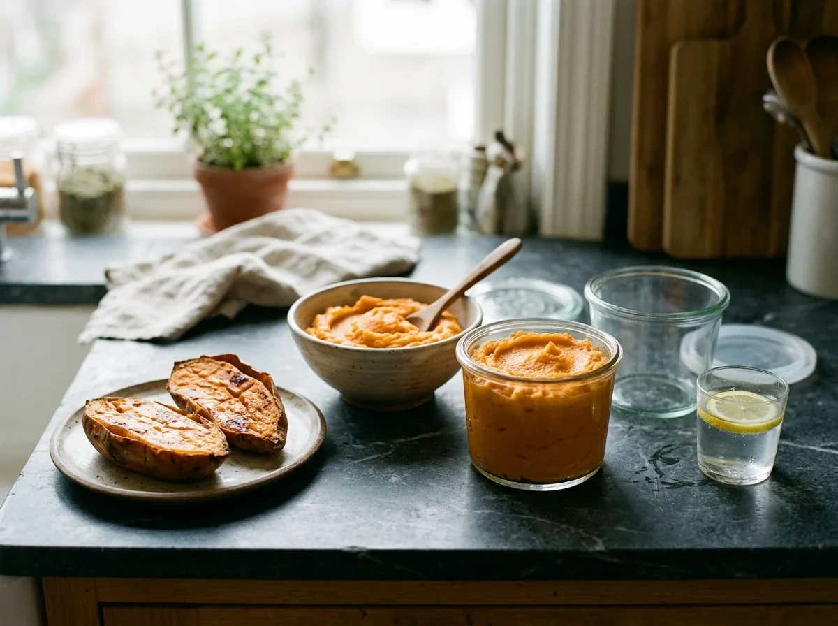 Baked sweet potato halves and mash beside a glass freezer jar of mash and a glass of lemon water.