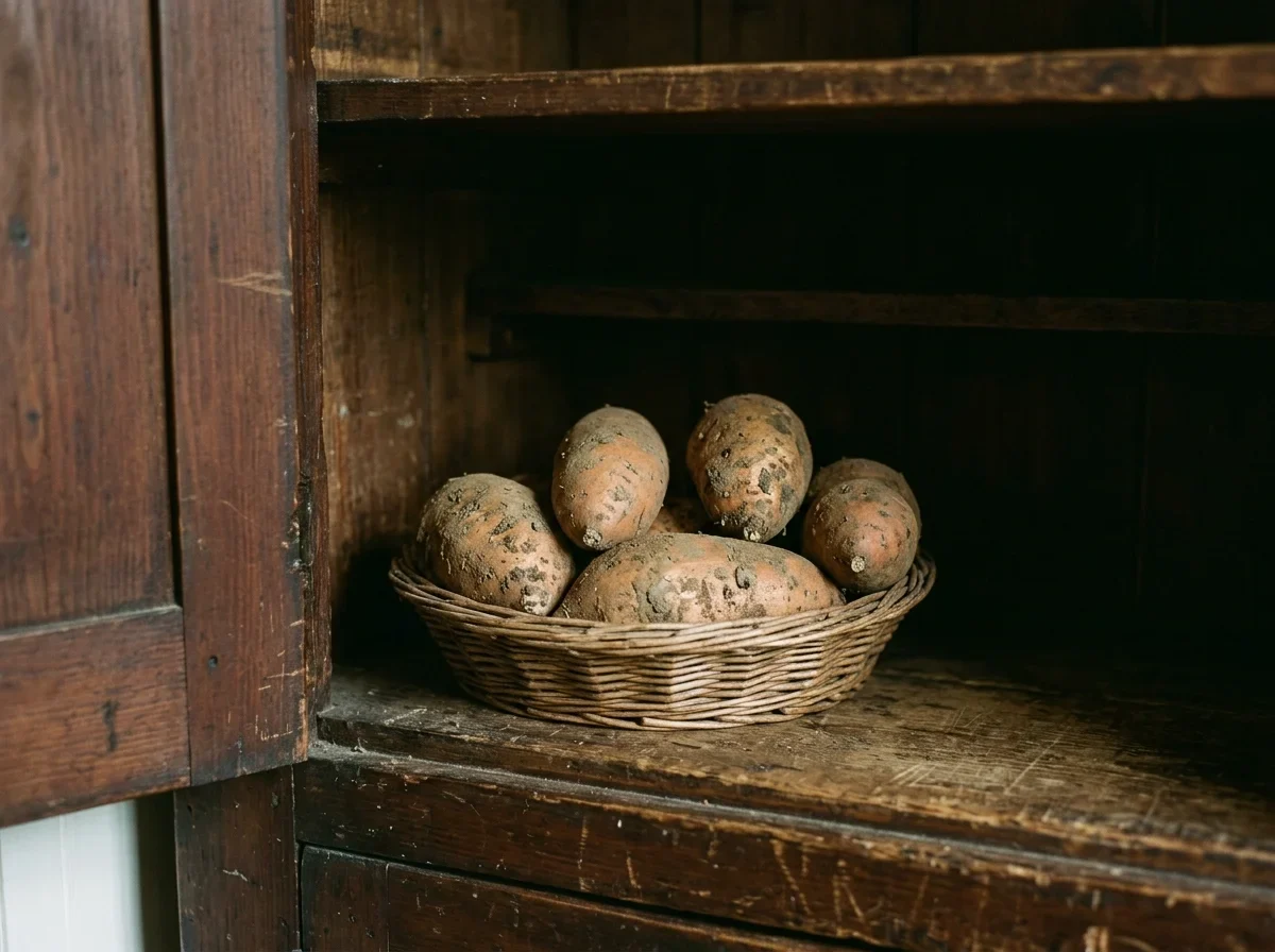 A wicker basket on a dark cupboard shelf, the place to store sweet potatoes so they keep.