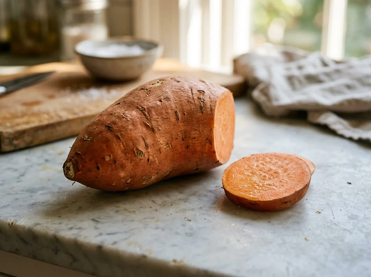 A firm whole sweet potato with even copper skin and one slice cut from the end.