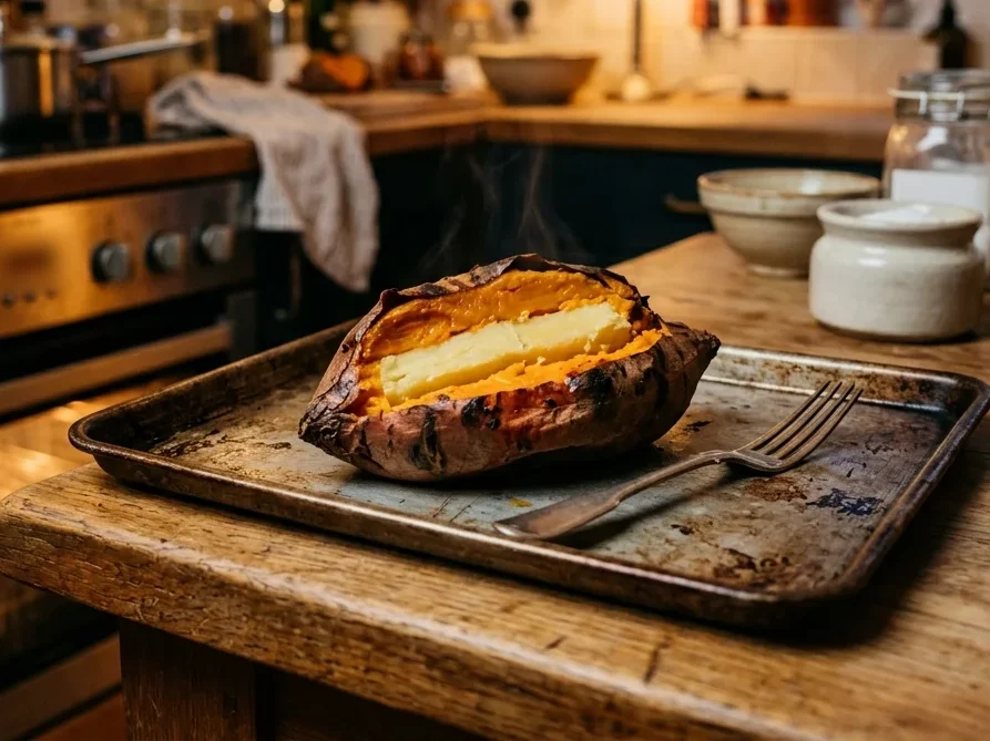 A baked sweet potato split open, with a paler dense band through the center.