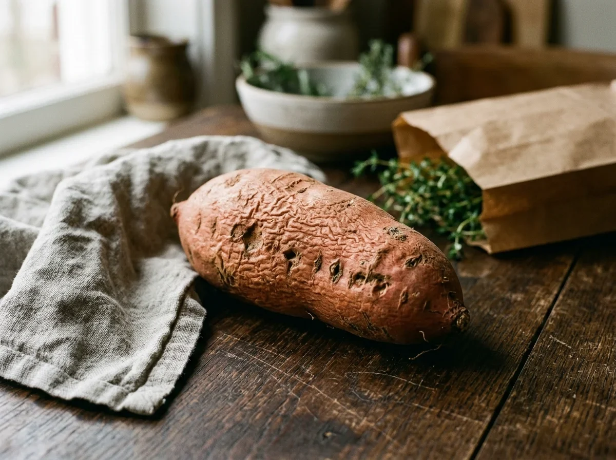A sweet potato with wrinkled skin and shallow sunken pits along one side.