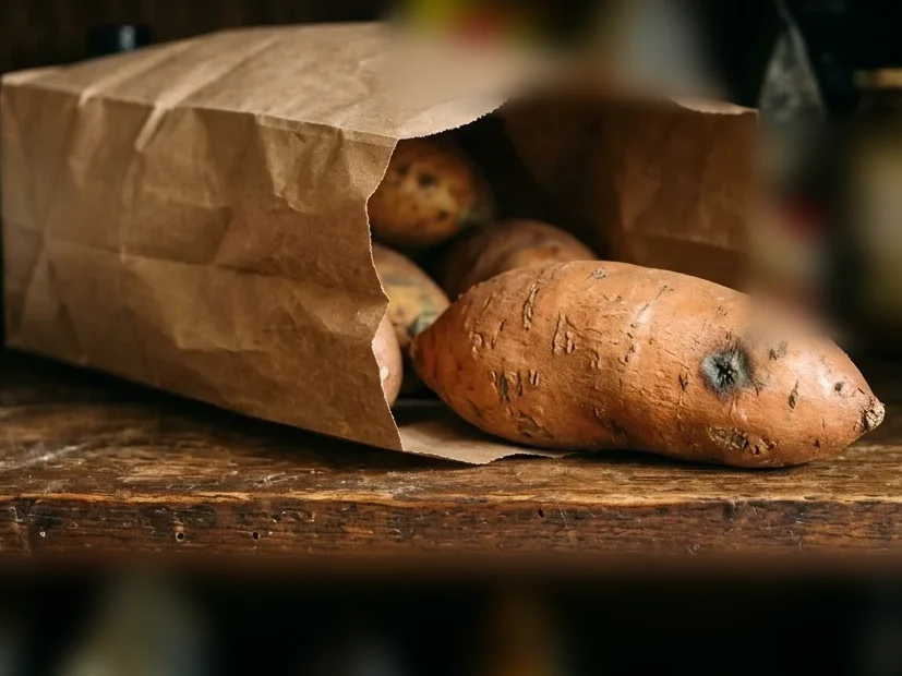 A sweet potato rolled out of a paper bag on a pantry shelf, with one small dark soft patch near the end.