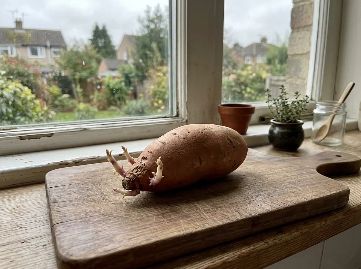 A sweet potato with short pale sprouts at one end, the skin still firm, on a board by the window.