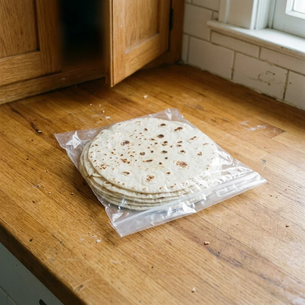 A stack of flour tortillas sealed flat in a plain bag by an open cupboard, the way to store tortillas in the pantry.