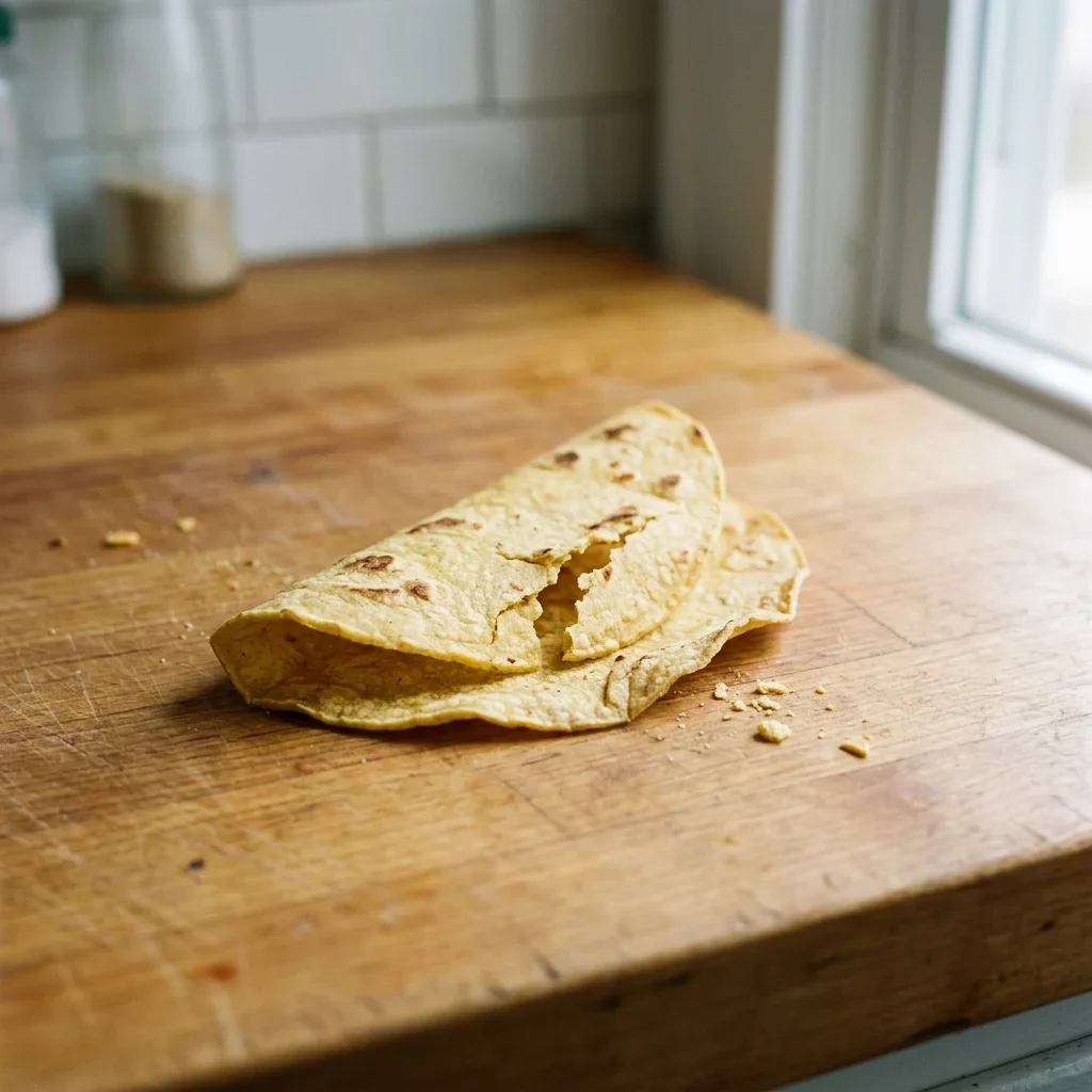 A corn tortilla with a split running along the fold line and dry, leathery edges.