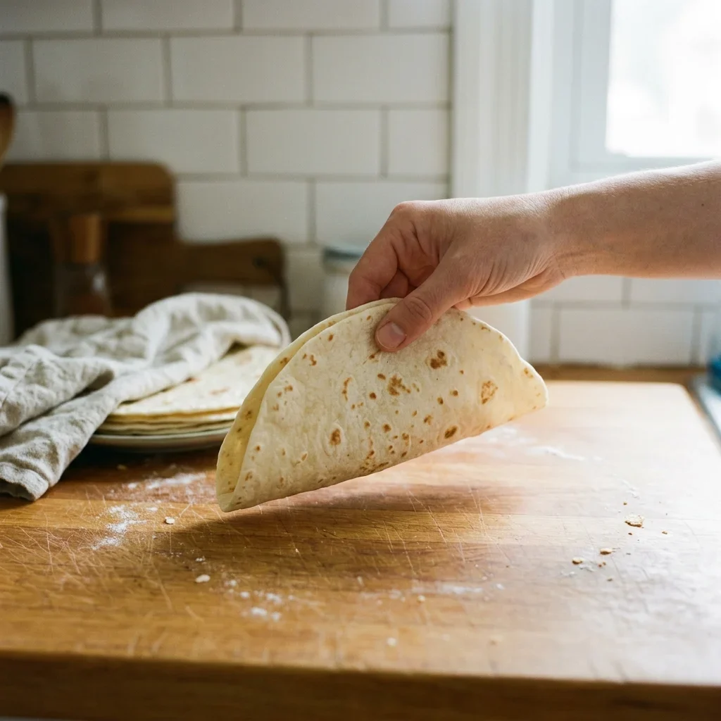 A hand folding a soft flour tortilla in half with no cracking along the fold.