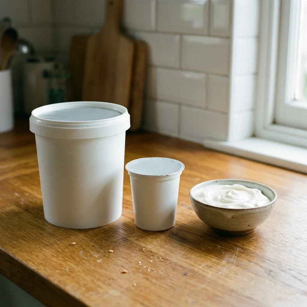 A large family-sized yogurt tub beside a small single-serve pot, with a bowl of thick strained yogurt