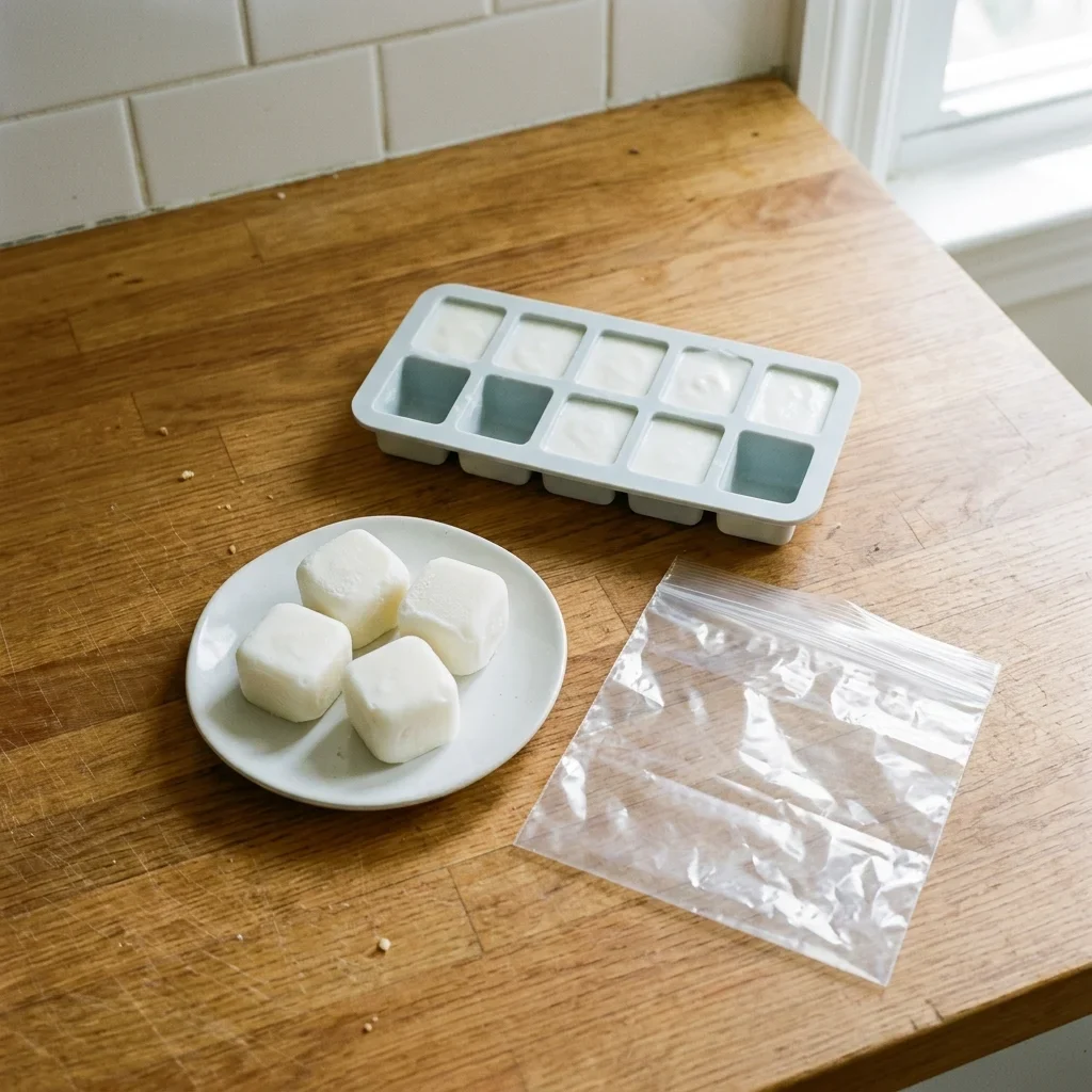 Thick plain yogurt frozen in an ice cube tray, with a few cubes tipped out beside a flat freezer bag