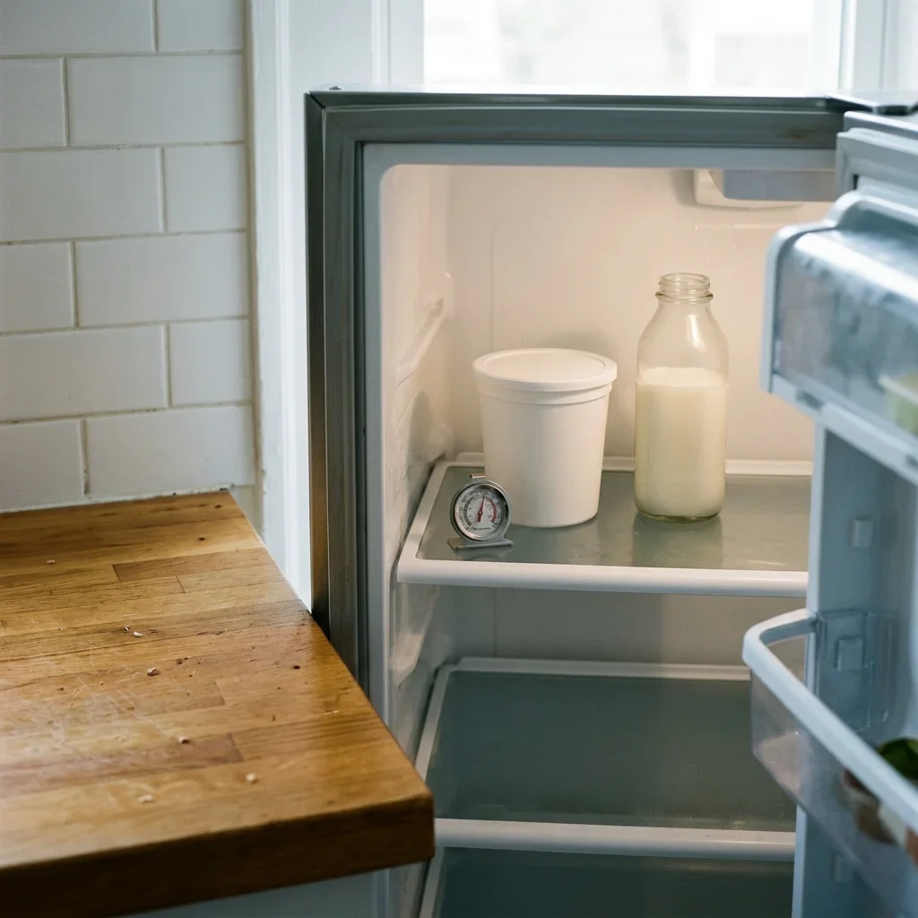 How to store yogurt: a covered tub well back on a cold fridge shelf, with a thermometer beside it