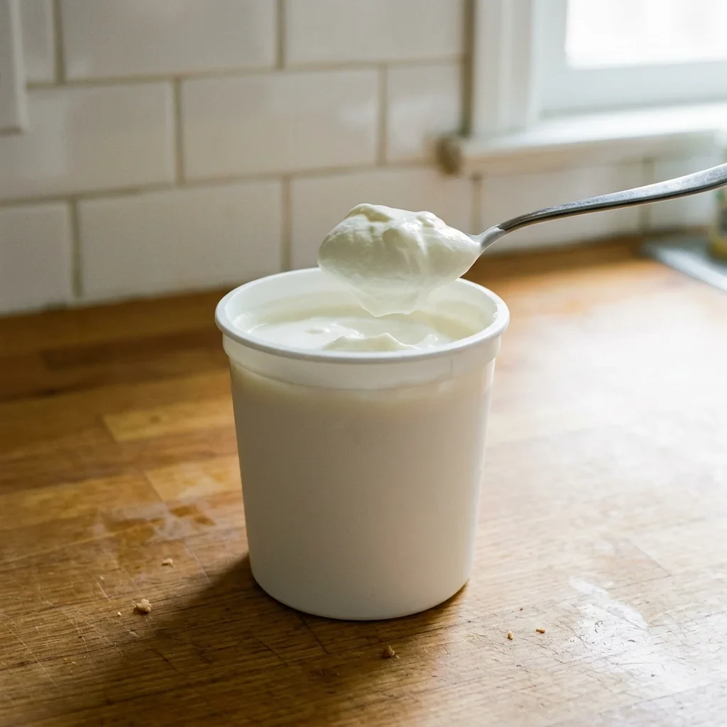 An open tub of plain yogurt with a smooth white surface and a spoonful that holds its shape